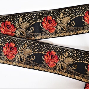 ROSE ROUGE Jacquard trim in red gold on black. Sold by the yard. 1 7/8 inch wide. 2091-A. Steampunk, Diesel punk. gothic