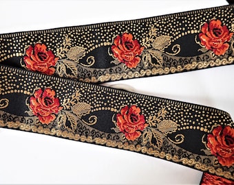 ROSE ROUGE Jacquard trim in red gold on black. Sold by the yard. 1 7/8 inch wide. 2091-A. Steampunk, Diesel punk. gothic