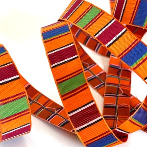 KITENGE or WARRIOR STRIPES Jacquard trim. Orange, Red, Blue, Green, White.  Sold by the yard. 7/8 inch wide. 2089-A African trim, Kwanzaa