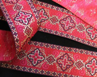 Pre-cut LITURGY Jacquard trim. Gold, red, cerise, black, on red. 1 1/2 inch wide. 704-D Renaissance brocade trim