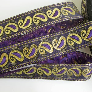 GOTHIC PAISLEY Jacquard trim, purple, metallic gold, on black. Sold by the yard. 1 3/8 inch wide. 9792C Regency Victorian Civil War image 2