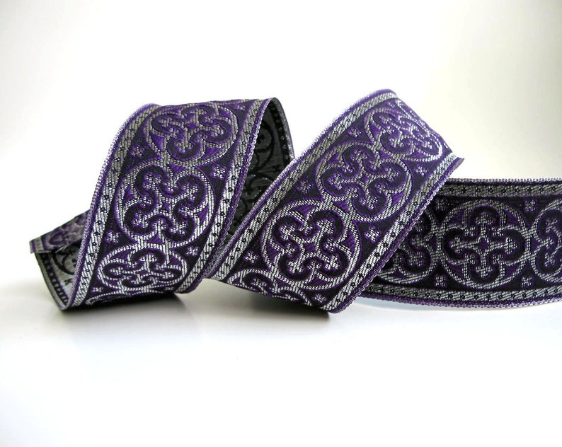 BYZANTINE Jacquard trim in metallic antique silver on purple. Sold by the yard. 1 5/8 inch wide. 958-C Brocade trim image 1