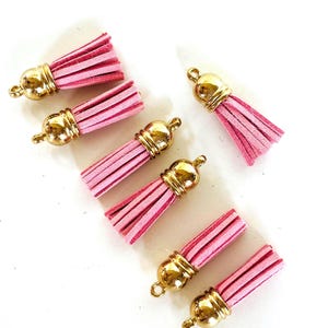 May include: Pink suede tassels with gold-colored caps and loops. These decorative tassels are ideal for jewelry making, crafting, or adding a touch of flair to accessories. The tassels are approximately 1.5 inches long.