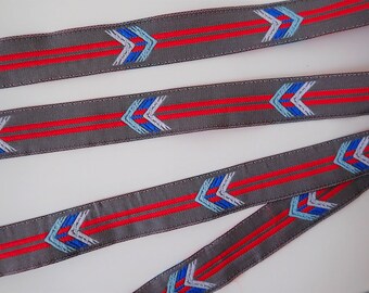 FLECHAZO Jacquard trim in red, blue, white on grey, Sold by the yard. 3/4 inch wide. 2109-B  South Western trim