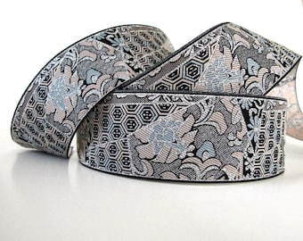 KIMONO 2" wide Jacquard trim Dusty rose grey silver on black.  Sold by the yard. 2 inch wide. 964-B. Japanese trim