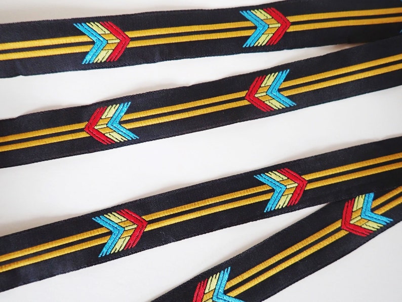 FLECHAZO Jacquard trim in turquoise, red, mustard yellow, off white on black. 3/4 inch wide. Sold by the yard. 2109-A South Western trim image 1