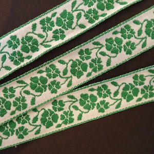 SHAMROCK MONOCHROME FLORAL Jacquard trim, in emerald green on white. Green edges. 1 inch wide. V693-A Bavarian trim, Irish floral trim