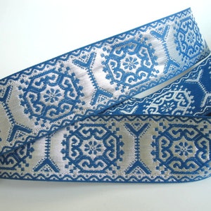 GEORGIAN SQUARES Jacquard trim in Royal Cadet blue on silver. Sold by the yard. 1 1/2 inch wide. 228(2)-M Brocade trim, Regency trim