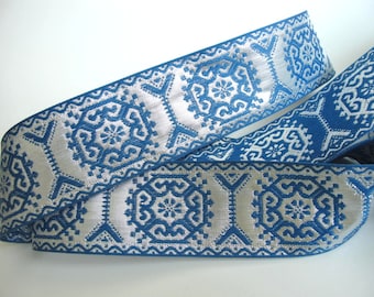 GEORGIAN SQUARES Jacquard trim in Royal Cadet blue on silver. Sold by the yard. 1 1/2 inch wide. 228(2)-M Brocade trim, Regency trim