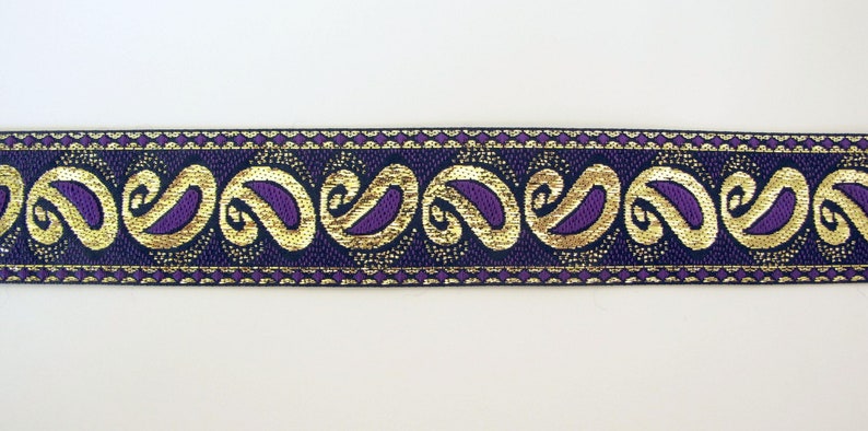 GOTHIC PAISLEY Jacquard trim, purple, metallic gold, on black. Sold by the yard. 1 3/8 inch wide. 9792C Regency Victorian Civil War image 6
