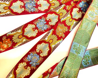 SAMURAI Jacquard trim in orange, blue, gold on deep red.  Sold by the yard. 2 inch wide. 2092-A. Japanese trim, Kimono