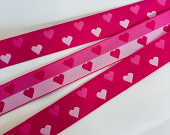 Pink HEARTS Jacquard trim REVERSIBLE Pink white on shocking pink. Medium width. Sold by the yard. 1 inch wide, 714-B. Valentine Love