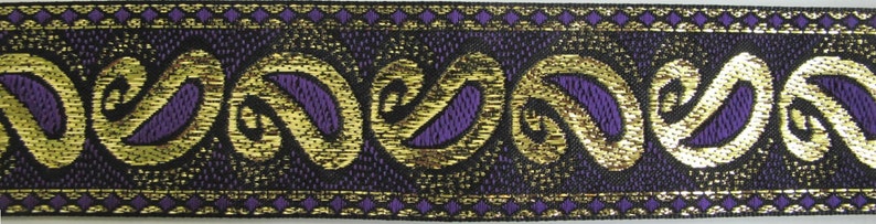 GOTHIC PAISLEY Jacquard trim, purple, metallic gold, on black. Sold by the yard. 1 3/8 inch wide. 9792C Regency Victorian Civil War image 5