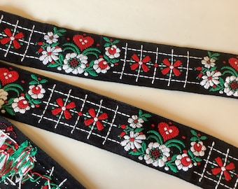 EDELWEISS & HEARTS and Windmills wide Jacquard trim in White, red, green, on black. Sold by the yard. 1 3/4 inch wide. 3009-A Bavarian dress