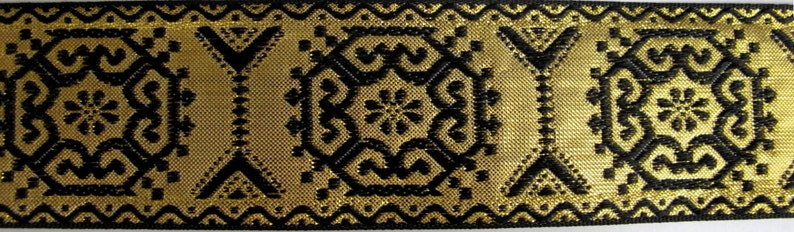 GEORGIAN SQUARES Jacquard trim in black on gold. Sold by the yard. 1 1/2 inch wide. 2282A. Brocade trim, Regency, Victorian trim image 4