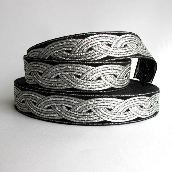 3 yards CELTIC KNOT ROPE Jacquard trim, silver on black. 1 3/16 inch wide. 706-d