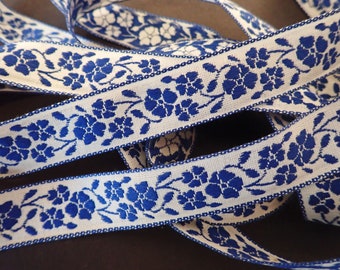 MONOCHROME FLORAL Jacquard trim, in  Royal blue on white. Blue edges. 1 inch wide. V693-B. Bavarian trim, Scandinavian trim