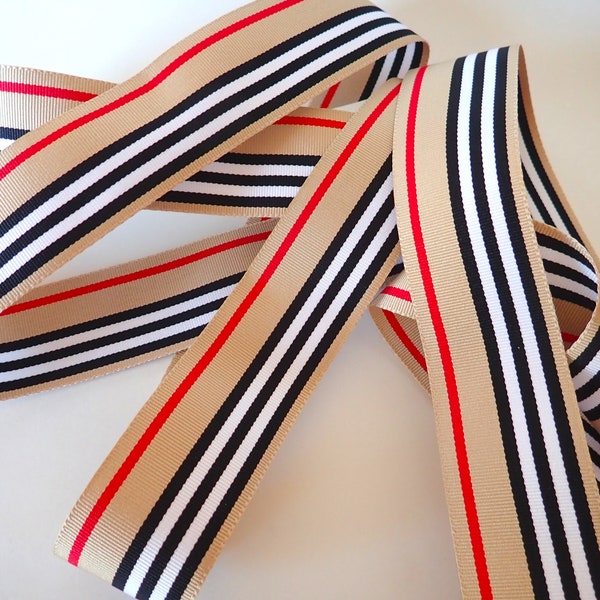 Classic BURNBERRY STRIPES Jacquard Grosgrain trim REVERSIBLE, Black, white, red on beige stripes. Sold by the yard. 1 1/2 inch wide, 2106-A.