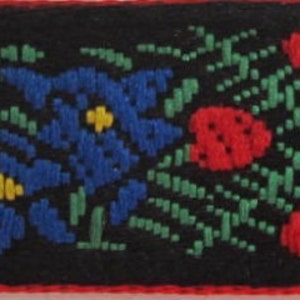 EDELWEISS & HEARTS narrow Jacquard trim White Blue red green yellow on black. Red edges. Sold by the yard. 5/8 inch wide. 9562A Bavarian image 2