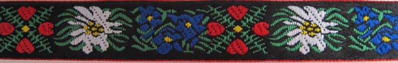 EDELWEISS & HEARTS narrow Jacquard trim White Blue red green yellow on black. Red edges. Sold by the yard. 5/8 inch wide. 9562A Bavarian image 2