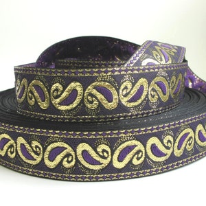 GOTHIC PAISLEY Jacquard trim, purple, metallic gold, on black. Sold by the yard. 1 3/8 inch wide. 9792C Regency Victorian Civil War image 3