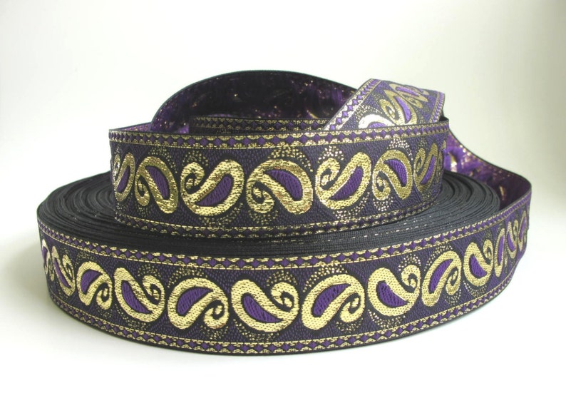 GOTHIC PAISLEY Jacquard trim, purple, metallic gold, on black. Sold by the yard. 1 3/8 inch wide. 9792C Regency Victorian Civil War image 3