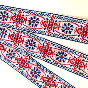 SCANDINAVIAN traditional Jacquard trim. Red and Blue on white. 2 inch wide. 2098-A. Traditional Baltic folklore trim
