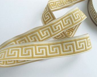 Pre-cut GREEK KEY odd lengths Jacquard trim in golden mustard yellow on ivory. 7/8 inch wide. 741-A. Classic greek key