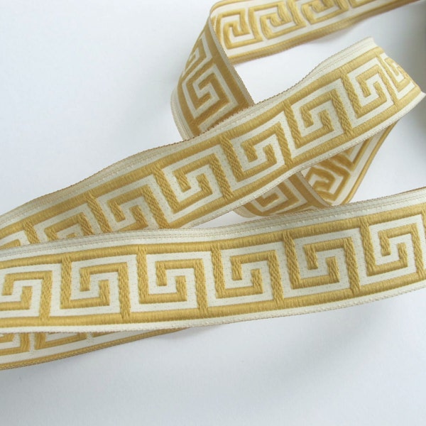 Pre-cut GREEK KEY odd lengths Jacquard trim in golden mustard yellow on ivory. 7/8 inch wide. 741-A. Classic greek key