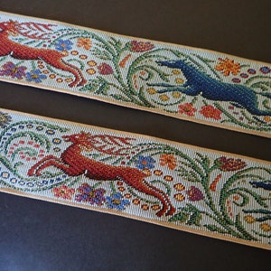 Pre-cut STAG and BLUE WOLF Jacquard tapestry strap pre-cut pieces, on light grey. Beige edges. 2 1/4 inches wide. 2093-B. Pre-cut pieces image 2