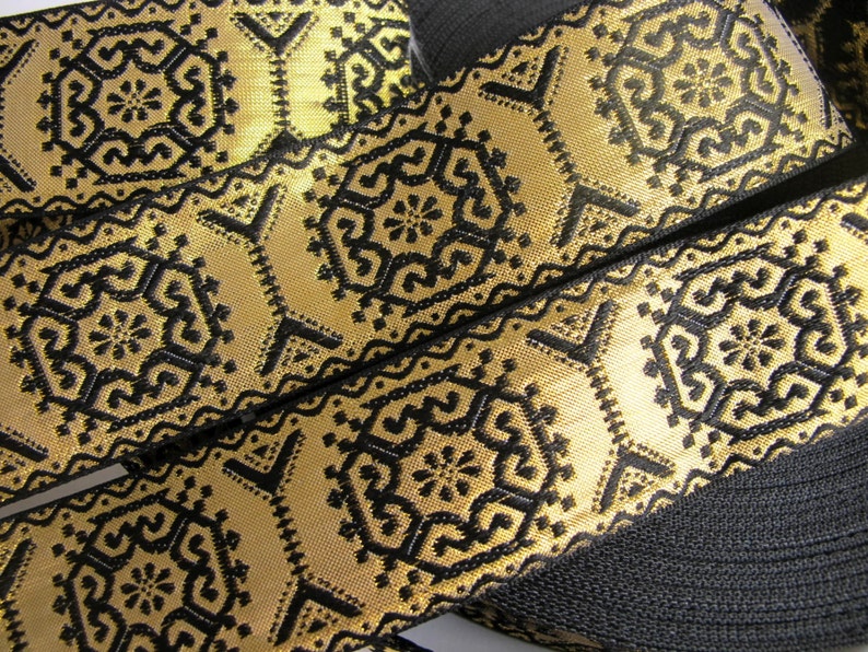 GEORGIAN SQUARES Jacquard trim in black on gold. Sold by the yard. 1 1/2 inch wide. 2282A. Brocade trim, Regency, Victorian trim image 2