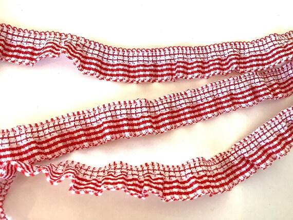 RUCHED red and white striped gingham style, 2 sided RUFFLE. Priced by the yard. 5/8 inch wide. Ruffled elastic edge trim. Red white frill