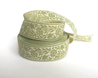 FLORAL CAMEO embroidered Jacquard trim Celadon green on ivory. Sold by the yard. 1 1/8 inch wide. 998-D