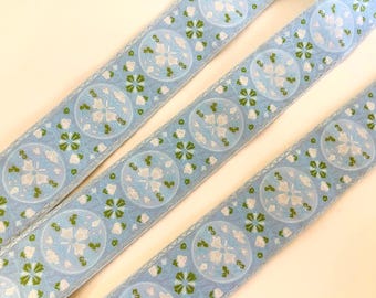 MARIE ANTOINETTE  Jacquard trim in sage, ivory, on aqua, with pale blue edges. Sold by the yard. 1.5 " wide. 319-E. French Provincial