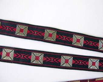 MAJORDOMO Jacquard trim in red, antique gold on black. Sold by the yard. 5/8 inch wide. 2091-A Geometric trim