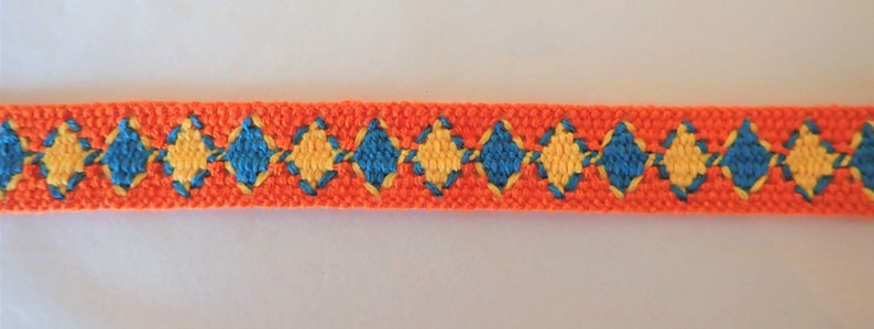 Rustic VOLOS Jacquard trim in turquoise, yellow on orange. Fully reversible. Sold by the yard. 6/8 inch wide. 2095-A Native style trim. image 6