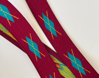 ARGYLE firm elastic braid in teal, yellow on wine red.  Priced by the yard. 3/4 inch wide. 9714-A Scottish Tartan Plaid