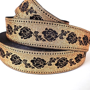 ROSE NOIRE Bordura jacquard in nero e oro. Rose nere vellutate su oro antico. Larghezza 5 cm. Vittoriano, Steampunk, gotico. 188-B