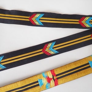 FLECHAZO Jacquard trim in turquoise, red, mustard yellow, off white on black. 3/4 inch wide. Sold by the yard. 2109-A South Western trim image 3