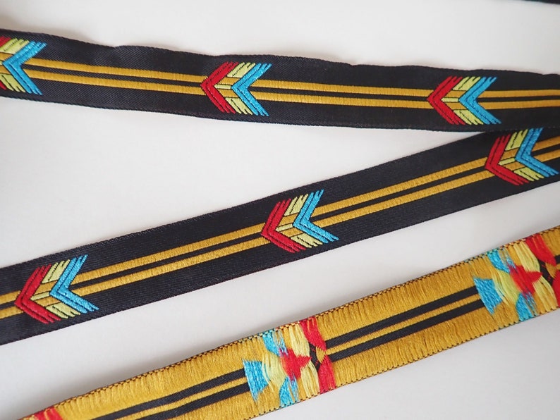 FLECHAZO Jacquard trim in turquoise, red, mustard yellow, off white on black. 3/4 inch wide. Sold by the yard. 2109-A South Western trim image 3