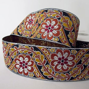 BENGAL Jacquard trim in rust, mustard, silver, on black. Sold by the yard. 2 inches wide. 729-B. Wide brocade trim