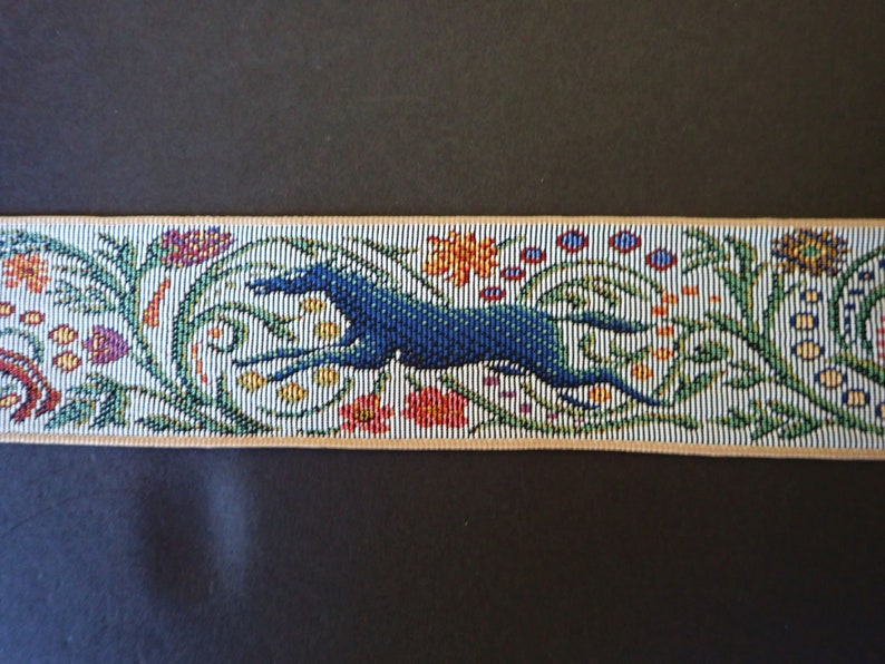 Pre-cut STAG and BLUE WOLF Jacquard tapestry strap pre-cut pieces, on light grey. Beige edges. 2 1/4 inches wide. 2093-B. Pre-cut pieces image 5