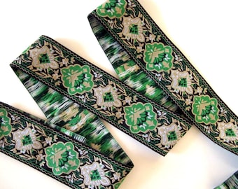 DANTE Jacquard trim in green, beige, ivory on black. Sold by the yard. 1 1/2 inch wide. 2054(2)-B Renaissance trim, brocade trim