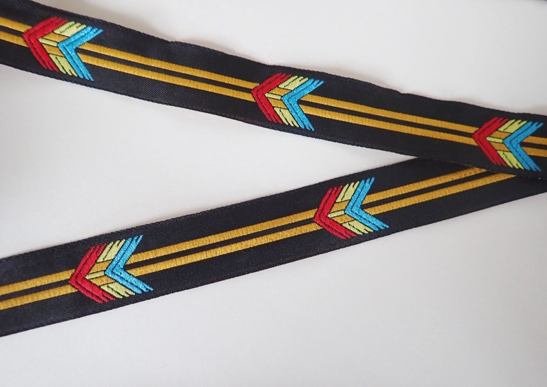 FLECHAZO Jacquard trim in turquoise, red, mustard yellow, off white on black. 3/4 inch wide. Sold by the yard. 2109-A South Western trim image 4