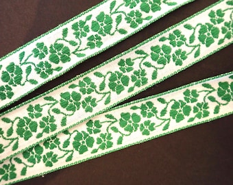 SHAMROCK MONOCHROME FLORAL Jacquard trim, in emerald green on white. Green edges. 1 inch wide. V693-A Bavarian trim, Irish floral trim