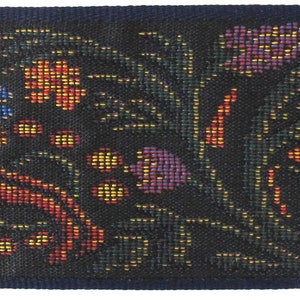 Medieval tapestry wide Jacquard trim with a brown stag and a blue wolf in a floral garden on a black background