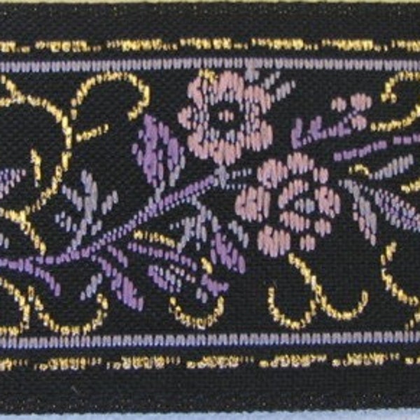 3  yards FRENCH PROVINCIAL Jacquard trim with mauve flowers, purple, gold on black. 1 1/4 inch wide. 601-D
