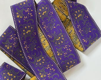 FLORAL SARI BORDER 1 7/8" wide Jacquard trim in olive green, mustard,  gold, on deep purple. Sold by the yard. 2976-B. purple brocade