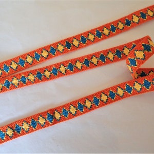 Rustic VOLOS Jacquard trim in turquoise, yellow on orange. Fully reversible. Sold by the yard. 6/8 inch wide. 2095-A Native style trim. image 2