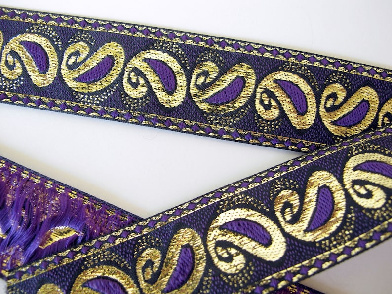 GOTHIC PAISLEY Jacquard trim, purple, metallic gold, on black. Sold by the yard. 1 3/8 inch wide. 9792C Regency Victorian Civil War image 1